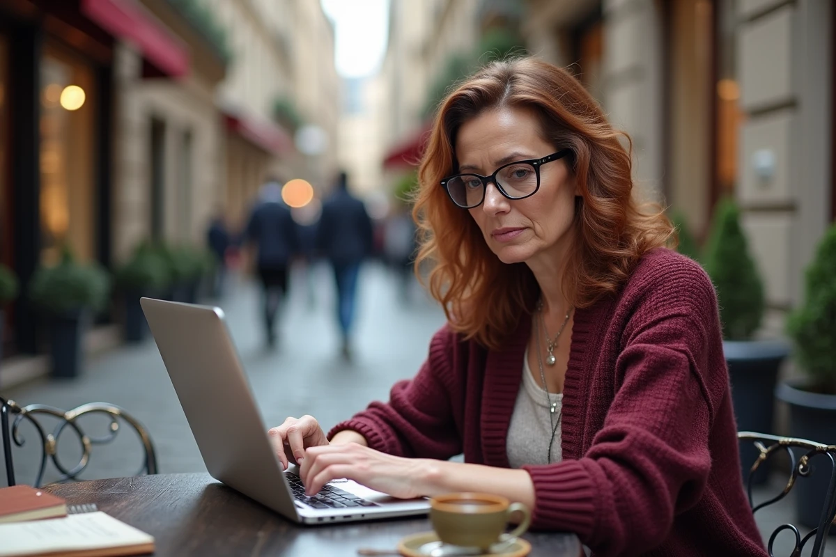 Femme consultant un site de généalogie en terrasse de café parisien avec un carnet de notes, symbolisant la recherche d'informations fiables sur les origines et les parents d'une personnalité