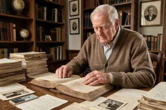 Vieil homme consultant un livre de généalogie ancien entouré de documents familiaux dans une bibliothèque