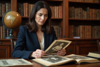Femme professionnelle examinant des documents d'archives et des photographies de famille dans une bibliothèque privée, illustrant la recherche d'origines et de parents
