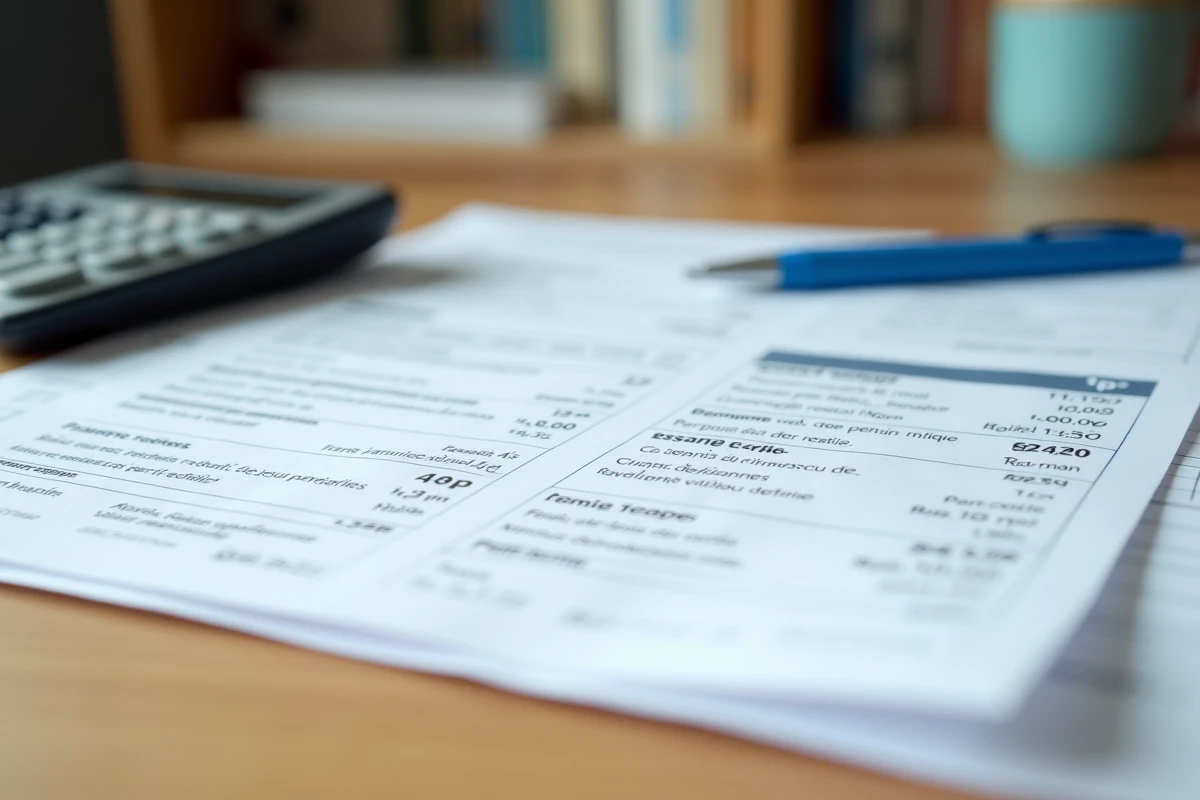 Reçu de paiement de cantine scolaire posé à côté d'une déclaration d'impôts sur un bureau en bois