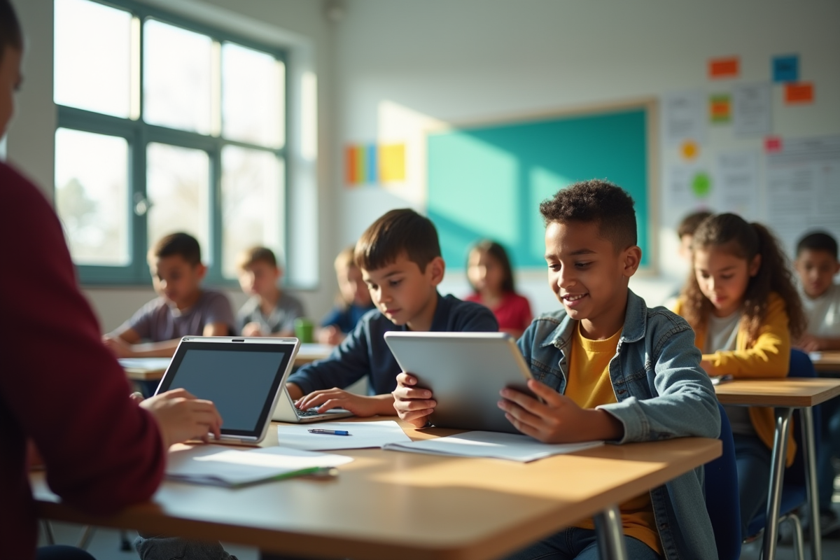 Salle de classe moderne avec étudiants collaborant