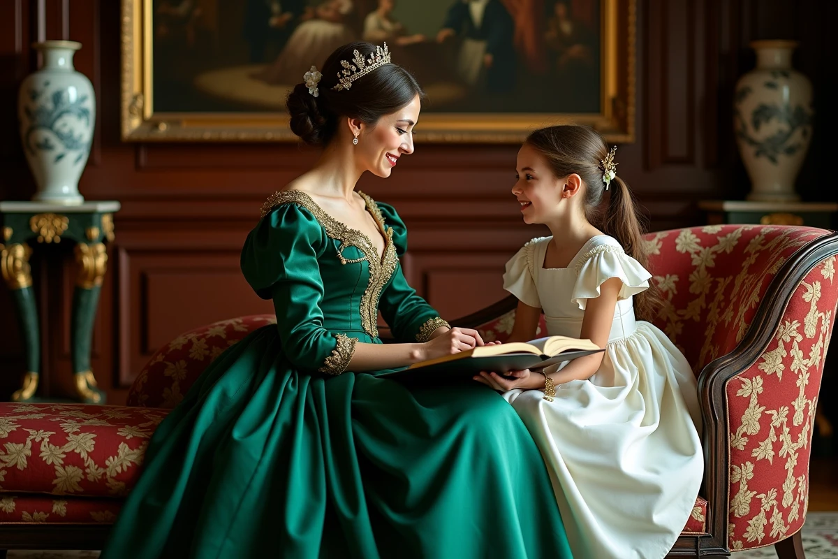 Femme en robe impériale autrichienne et jeune fille lisant ensemble dans un salon viennois richement décoré, scène évoquant Sissi et sa fille Marie Valérie