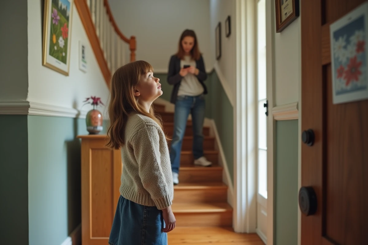 Jeune fille regardant sa soeur monter les escaliers