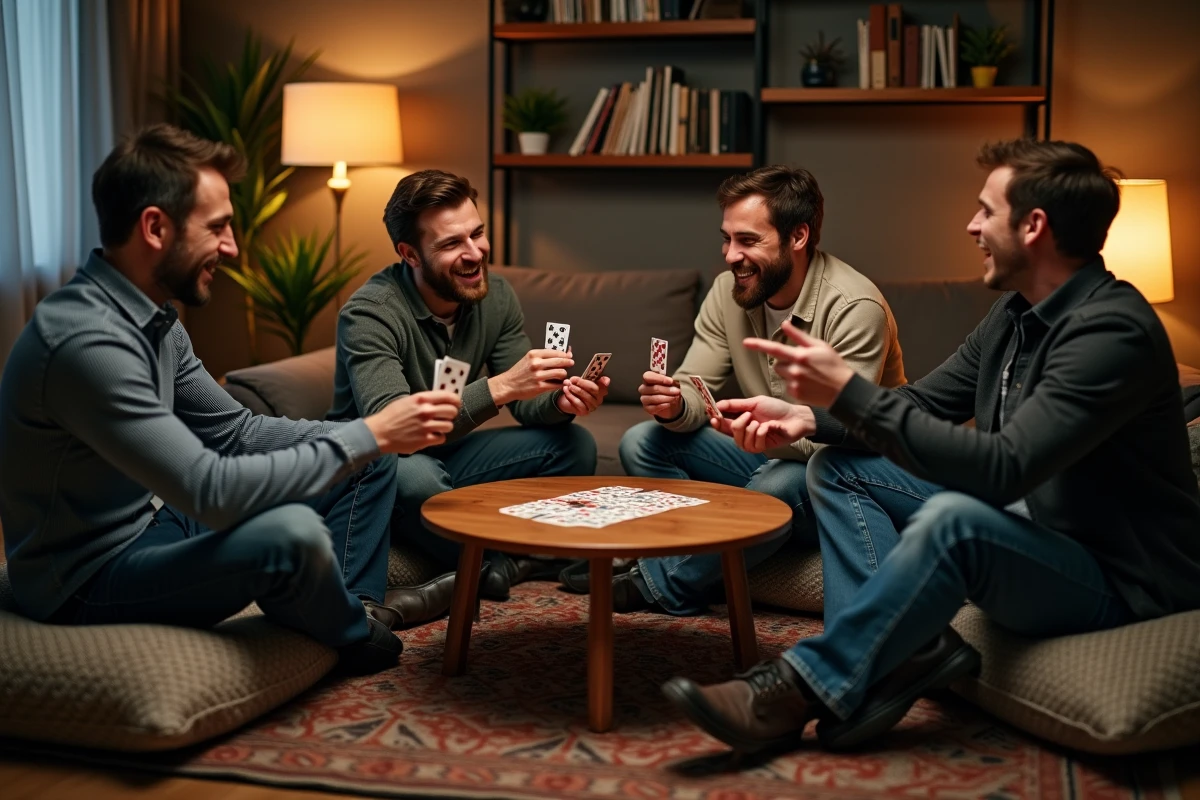 Quatre hommes adultes jouant à un jeu de cartes animé assis au sol lors d'une soirée anniversaire entre amis