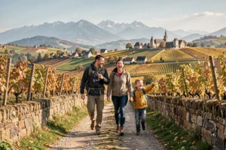 Famille souriante se promenant dans la campagne alsacienne avec vignobles et villages médiévaux en arrière-plan
