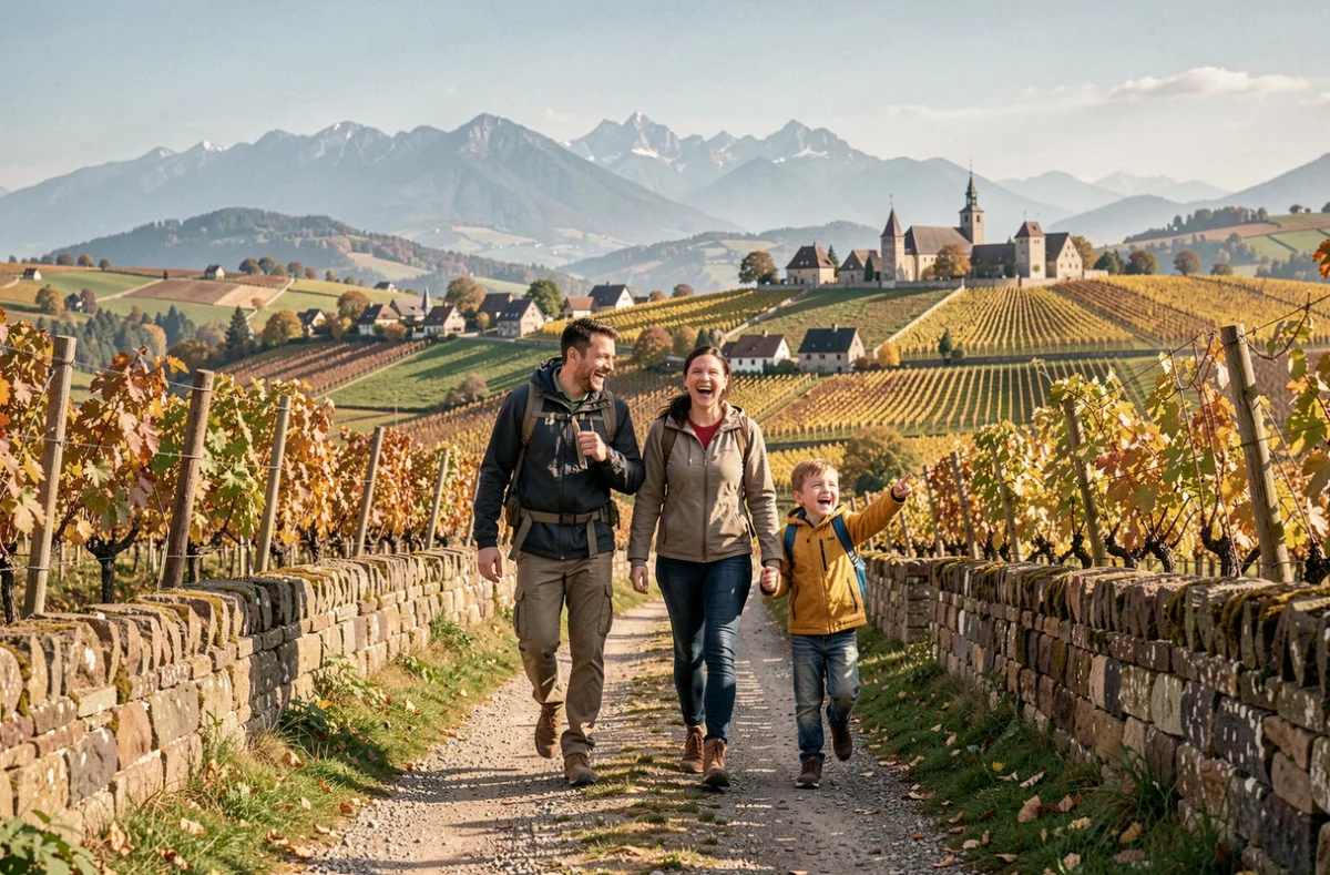 Famille souriante se promenant dans la campagne alsacienne avec vignobles et villages médiévaux en arrière-plan