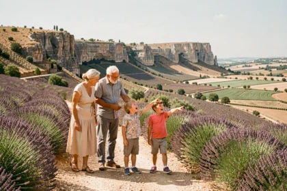 Famille en sortie découverte en Provence-Alpes-Côte d'Azur avec paysage méditerranéen en arrière-plan
