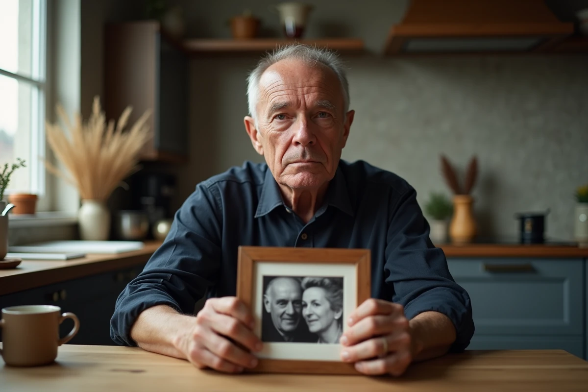 Homme âgé tenant une photo encadrée en mémoire d'un proche disparu lors d'une date anniversaire de décès