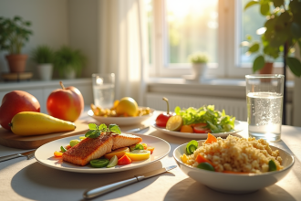 Table de cuisine ensoleillee pour un repas sain en famille