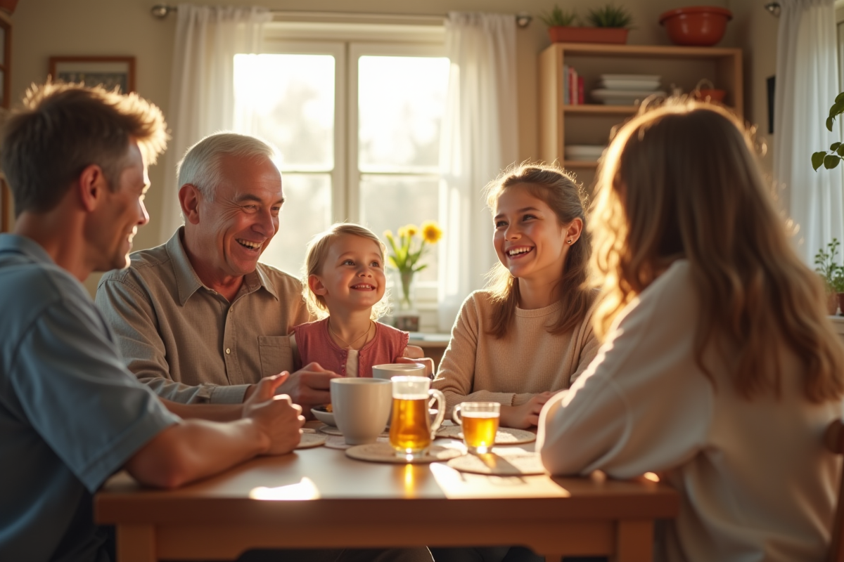 Trois générations de famille souriantes autour d'une table de cuisine