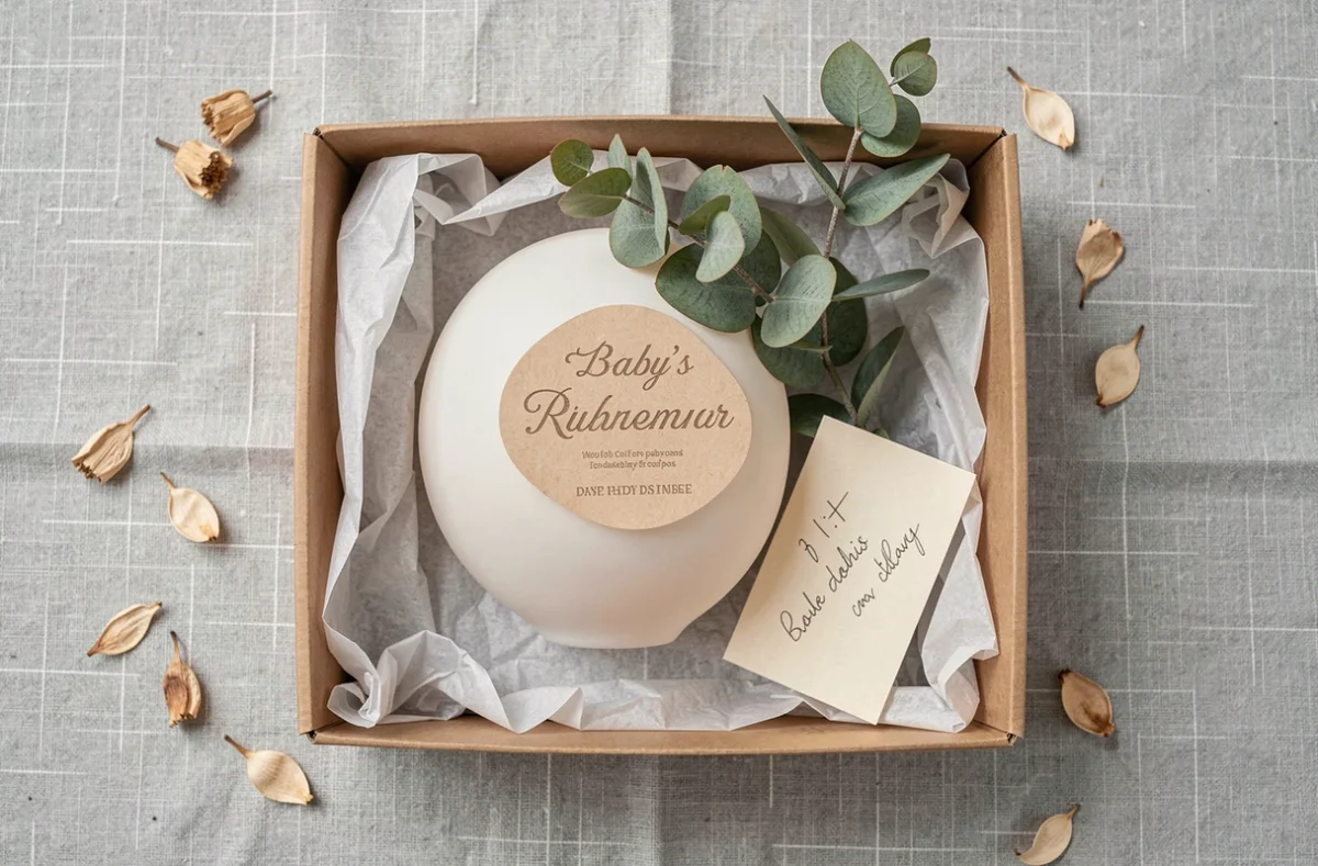 Veilleuse bébé personnalisée présentée dans un coffret cadeau kraft élégant avec carte manuscrite, idée cadeau naissance raffinée