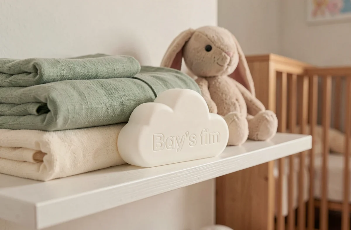 Veilleuse bébé personnalisée avec prénom gravé posée sur une étagère en bois blanc dans une chambre de bébé douce et apaisante