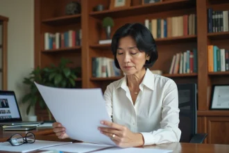 Femme vérifiant des documents imprimés dans un bureau à domicile pour distinguer les vraies informations des fake news sur une personnalité publique