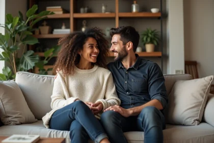 Couple complice partageant un moment intime dans un appartement parisien moderne, illustrant la vie de couple et l'engagement