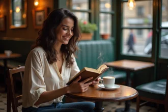 Femme à la quarantaine lisant tranquillement dans un café parisien intime, illustrant la vie privée préservée d'un couple