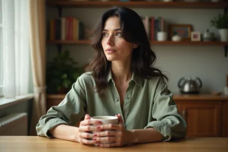 Femme aux cheveux ondulés sombres attablée dans une cuisine chaleureuse, tenant une tasse de café, ambiance intimiste de vie privée et familiale