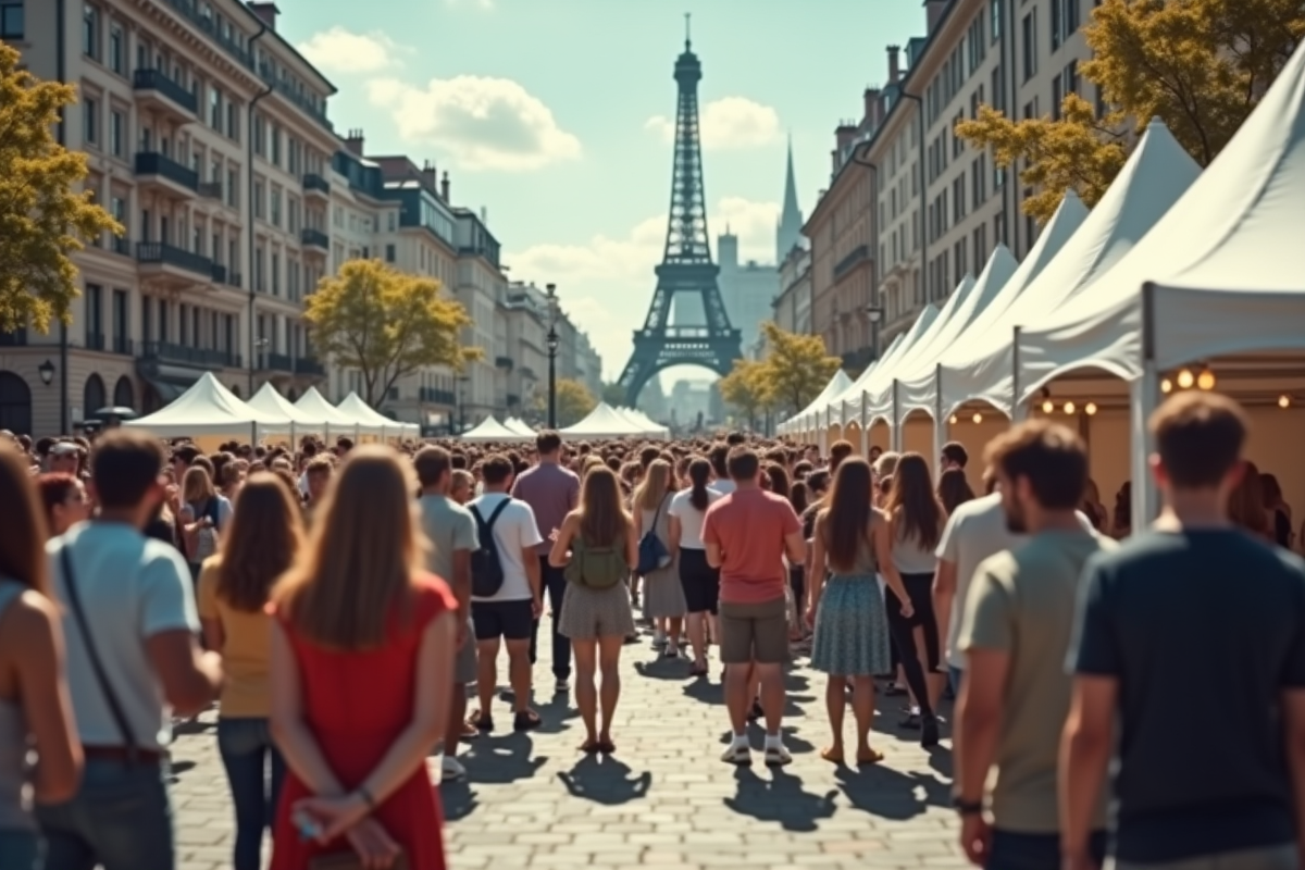 Événement en plein air dans une place urbaine avec foule et tentes