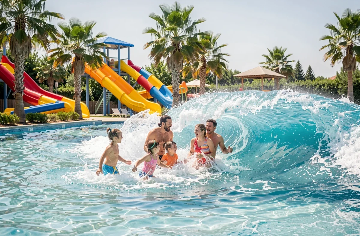 Famille s'amusant dans la piscine à vagues de Wave Island à Monteux