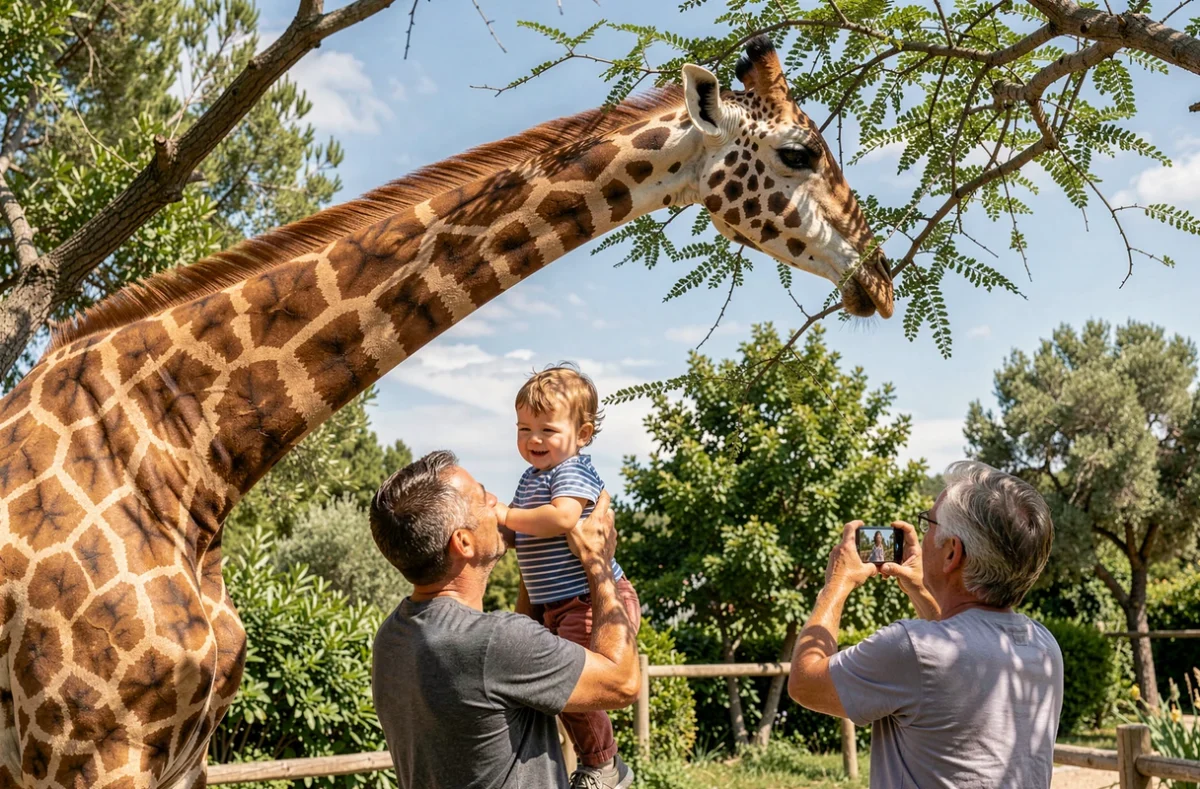 Famille observant une girafe au Zoo de La Barben en Provence